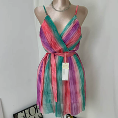 Casual V-Neck Chiffon Dress With Waist Ties