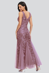 V Neck Sheer Embroidered Sequin Sexy Prom Dress