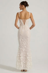 Embellished Appliqué Soft-Scoop Corset Gown in White