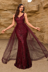 Classic Burgundy Sequin Mesh V Neck U Back Prom Dress