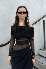 Off Shoulder Sheer Tulle Mesh Slim Fit Elegant Prom Dress