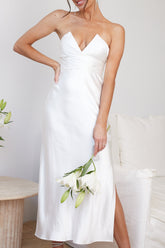 Giavanna White Dress | Women's Strapless Satin Midi Dress