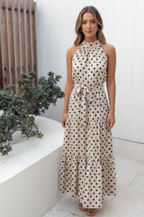Kiva Dress Beige Spot | Women's Polka Dot Halter Tiered Maxi Dress