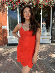 Kyrie Coral Red Crochet Mini Dress