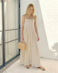 Rhiannon Dress Beige Stripe | Women's Striped Square Neck Maxi Dress
