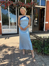 Miranda Blue Colorblock Satin Halter Maxi Dress