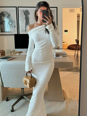White Skew Collar Long Sleeve Maxi Dress For Women Autumn Winter New Bodycon Elegant Party Dress Female High Waist