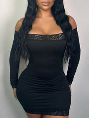 Solid Slim Lace Trim Off Shoulder Long Sleeve Black Short Dress Women Elegant Sexy Party Dresses