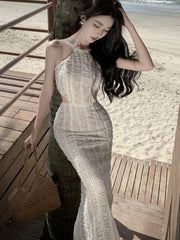 Sexy Knitting Backless Bodycon Dresses for Women Halter Slim Party Dress Sleeveless Korean Fashion Holiday Style Vestidos Mujer