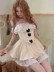 Y2K Lace Patchwork Princess Birthday Party Dress Ruffles A-line Spaghetti Strap Short Dresses for Women One Piece Prom Vestido