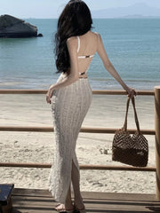 Sexy Knitting Backless Bodycon Dresses for Women Halter Slim Party Dress Sleeveless Korean Fashion Holiday Style Vestidos Mujer