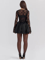 Black Lace Puffball Sexy Mini Dress For Women Fashion Lace-up Sheer Long Flare Sleeve High Waist Club Party Dress