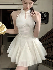 New Chinese Style Halter Short Dresses for Women Sleeveless High Waist A-line Party Dress Elegant Summer One Piece Vestido Mujer