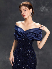 Line neck pleated tint sequin velvet fishtail Dress Evening Gown Ball dress Party dress Bridesmaid dress
