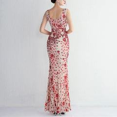 Sexy V-neck Sleeveless Dress with Stones and Crystals Fashion Sequins Tassel Elegant Women Party Dresses High Waisted Long Dress