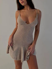 Halter Floral Ribbed Knit Mini Dress For Women Folds Summer Sexy Sleeveless Dress Solid Y2K Female Slim Fit Party Dress