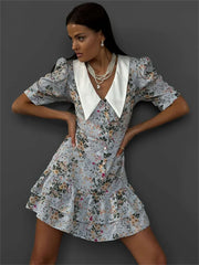 Printed Ruffled V-Neck Mini Dress Female Short Sleeve Fashion Slim High Waist Elegant Party Dress Women’s Summer Dress New