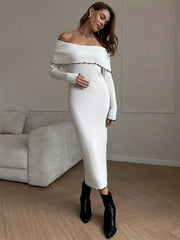 Ruffled Slim Knit Dress Women’s Backless Long Sleeve Bandeau Contrast Autumn Party Dress Fashion Knitwear Maxi Dress