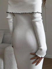 Ruffled Slim Knit Dress Women’s Backless Long Sleeve Bandeau Contrast Autumn Party Dress Fashion Knitwear Maxi Dress