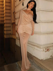 Sequin Sexy See-Through Maxi Dress Women’s Pleated Glitter Off-Shoulder Summer Fashion Party Dress Gown Shiny Long Dress