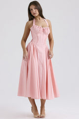 Floral Halter Lace Trim Long Sleeveless Prom Dress