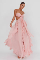 Backless Lace Up Ruffle Strapless Maxi Prom Dress
