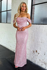 Nara Off Shoulder Sequin Maxi Dress - Pink