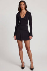 Soft Jersey Scoop-Neck Flared Mini Dress in Black