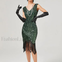 1920s Vintage Flapper Great Gatsby Party V-Neck Sleeveless Sequin Beaded Tassel Sun Vestidos Prom Dress