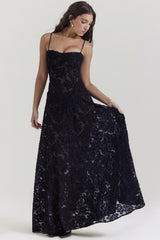 Dainty Lace Spaghetti Strap Tie Waist  Prom Dress