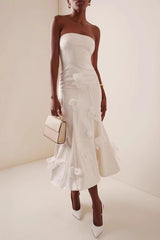 White Strapless 3D Floral  High Waist Prom Dress