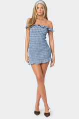 Off Shoulder Scrunched Plaid Mini Dress