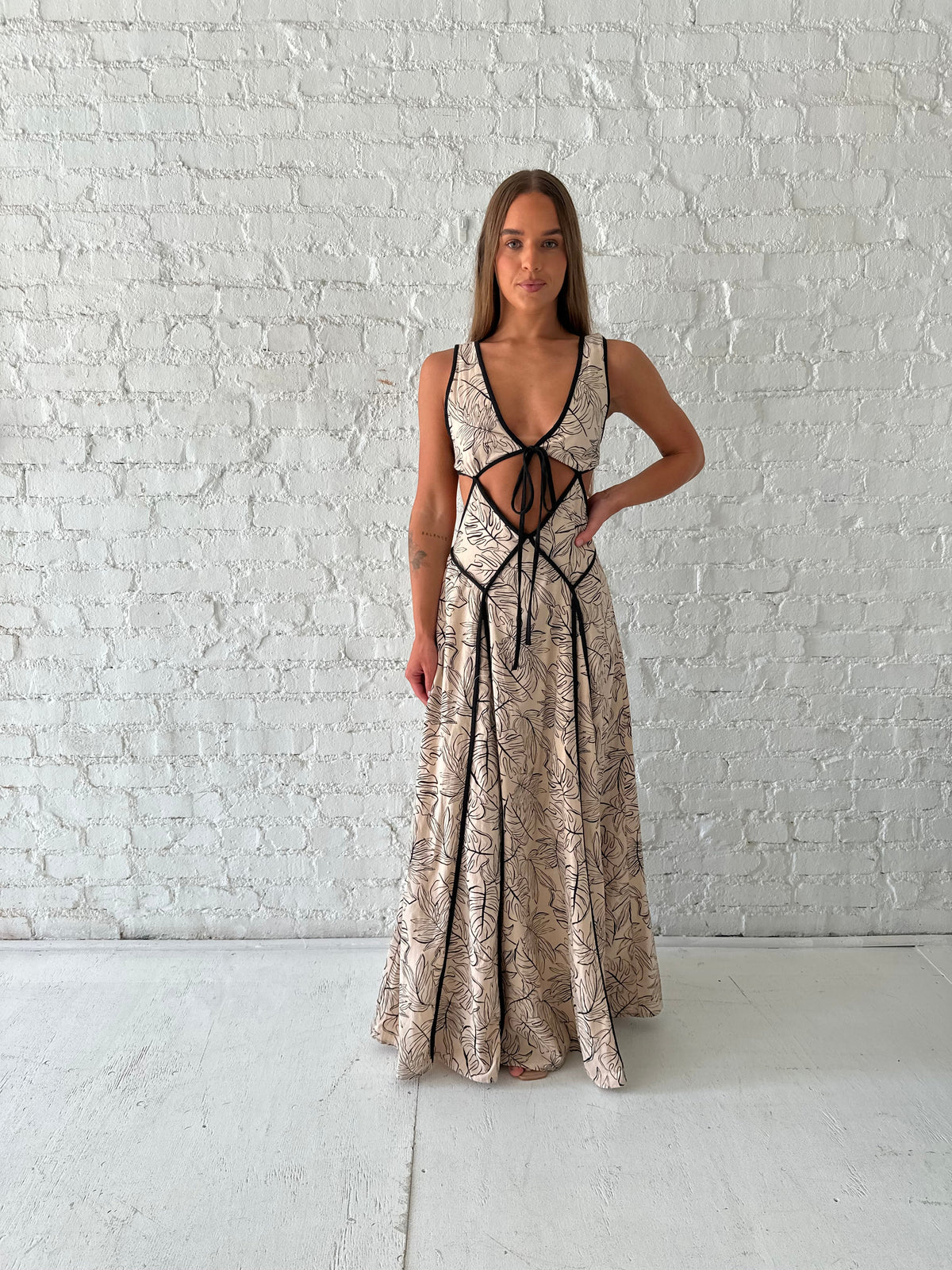 Lauren Floral Cutout Maxi Dress- Beige