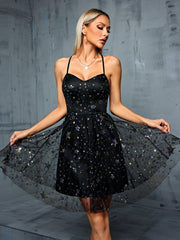 Strap Evening Dress for Women Dinner Party Dress Mesh Double Layer Design Annual Meeting Dress for Women