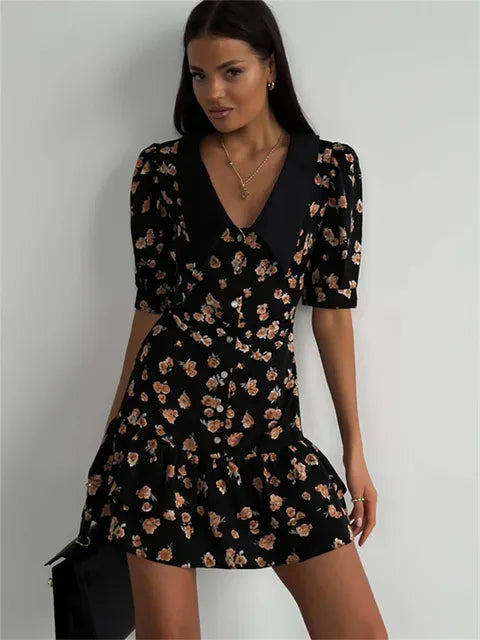 Printed Ruffled V-Neck Mini Dress Female Short Sleeve Fashion Slim High Waist Elegant Party Dress Women’s Summer Dress New