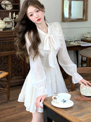 Elegant Chiffon Short Dresses for Women Flare Sleeves Ruffles A-line Birthday Party Dress Korean Fashion One Piece Vestido New