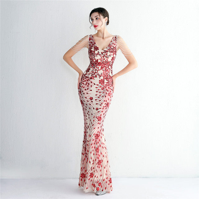 Sexy V-neck Sleeveless Dress with Stones and Crystals Fashion Sequins Tassel Elegant Women Party Dresses High Waisted Long Dress