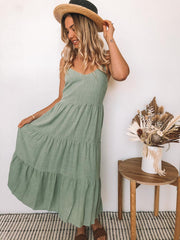 Sonya Khaki Dress | Women's Tiered V Neck Midi Dress