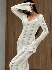 Hollow Out Knitwear Backless Long Dress Women’s Slim High Waist Skinny Autumn  Elegant Party Dress Female Knit Dress
