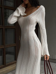 Hollow Out Knitwear Backless Long Dress Women’s Slim High Waist Skinny Autumn  Elegant Party Dress Female Knit Dress