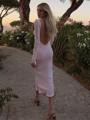 Knit Sweater Ruffled Long Dress Women Backless Fashion Ribbed Long Sleeve Elegant Party Dress Female Knitwear Autumn Dress