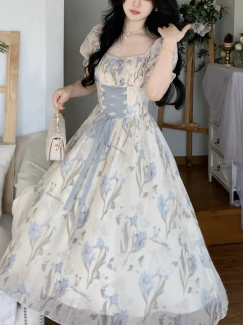 Y2K Floral Midi Dress Women Kawaii Lolita Lace-up Square Collar High Waist Princess Evening Party Dresses Prom Robe Vestido New