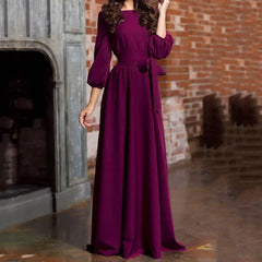 For Women 2024 Long Sleeve Crew Neck Solid Color Lantern Sleeve With Belt Formal Elegant Prom Dress