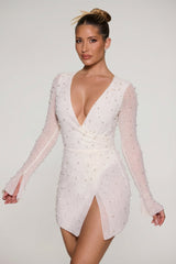 Embellished Wrap Over A-Line Mini Dress in Ivory