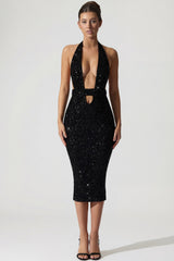 Embellished Cut-Out Open-Back Midaxi Dress in Black