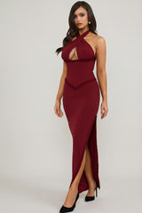 Halterneck Lace-Up Corset Maxi Dress in Berry Red
