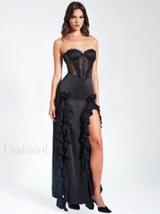 Talia Black Satin Charming Lace Corset Maxi Dress